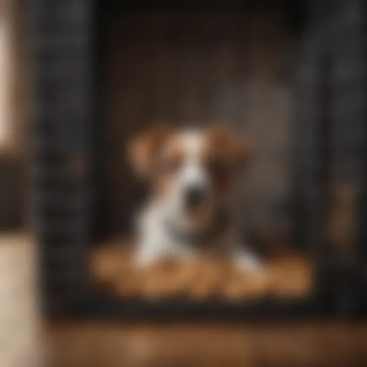 A dog being trained inside a crate with treats