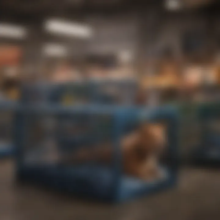 Various types of dog crates displayed in a pet store