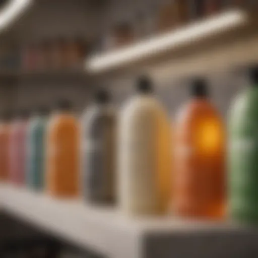 A variety of flea shampoos displayed on a shelf