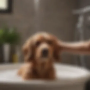 Bathing a Pet with Flea Shampoo A pet owner applying shampoo to a dog during bath time