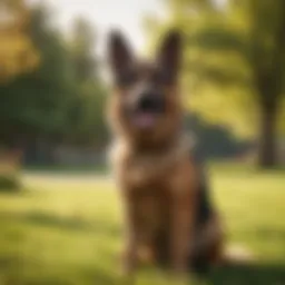 A female German Shepherd with a joyful expression in a park setting
