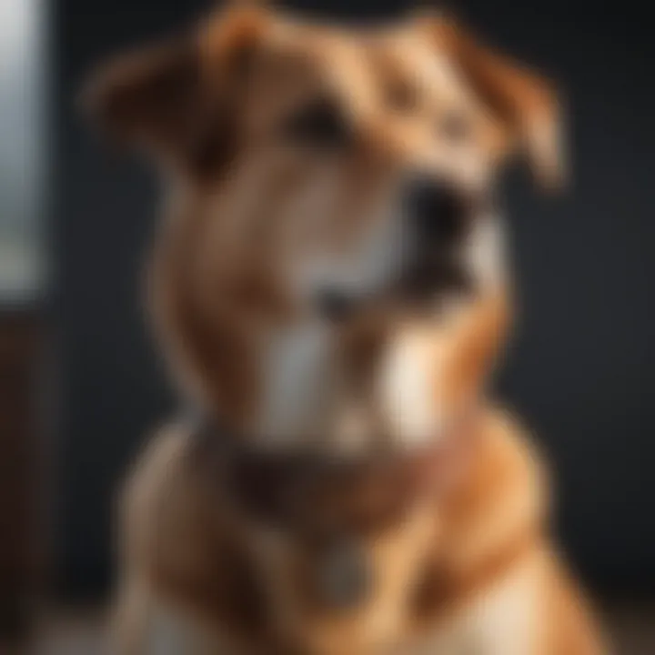 A dog wearing a personalized leather collar with a name plate