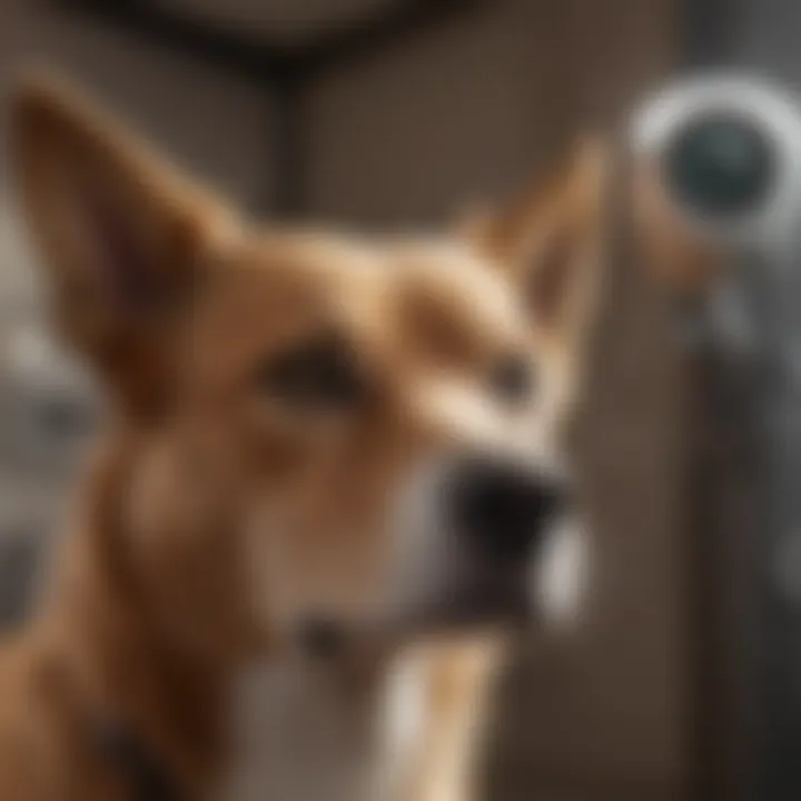 Close-up of a dog looking at a security camera
