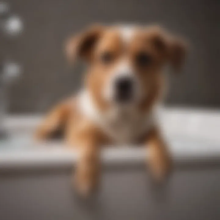 A dog being bathed in a bathtub with gentle shampoo lather