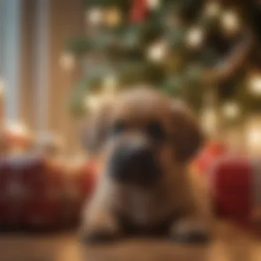 A cozy scene of a puppy by a Christmas tree