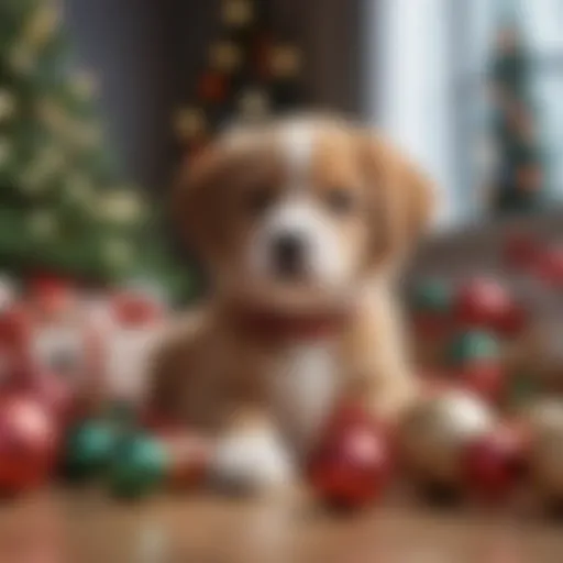 A playful puppy surrounded by Christmas decorations