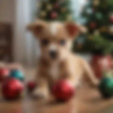 A puppy playing with Christmas ornaments