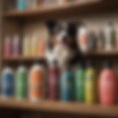 Different types of shampoo for dogs organized on a shelf