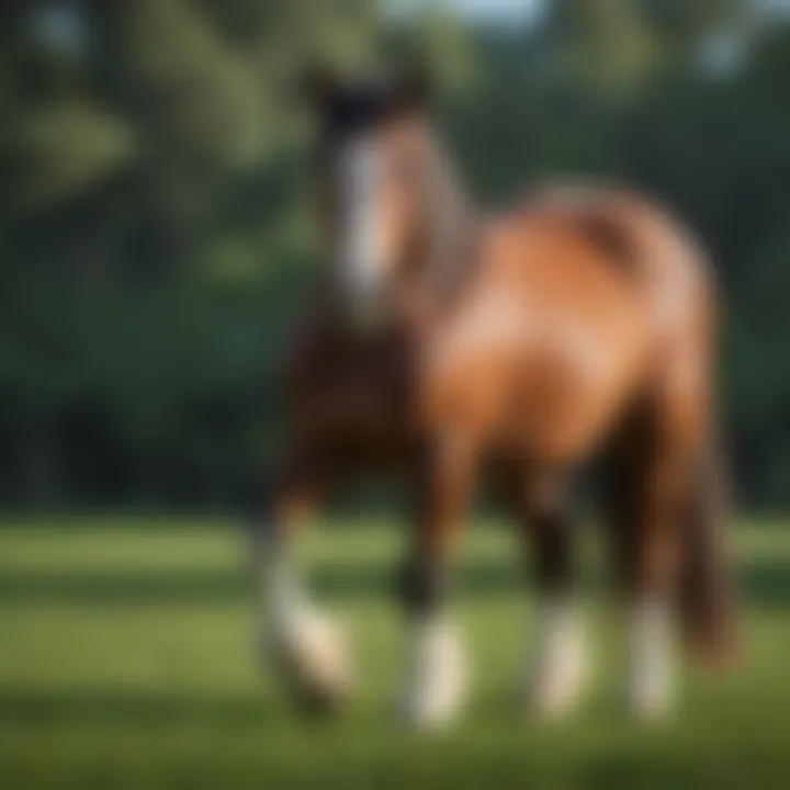 Sturdy Clydesdale horse standing in a green pasture