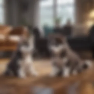 Miniature husky puppies playing together in a cozy living room