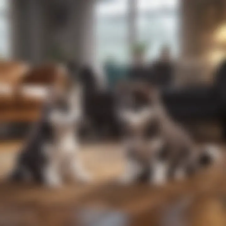 Miniature husky puppies playing together in a cozy living room