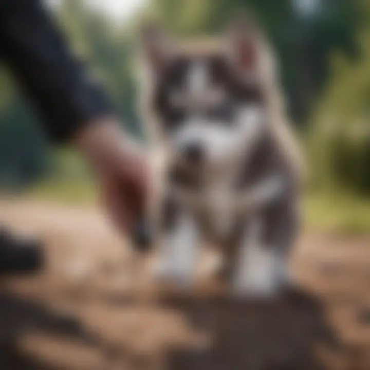 Miniature husky puppy receiving training from a young owner