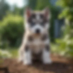 Playful miniature husky puppy with bright blue eyes in a garden