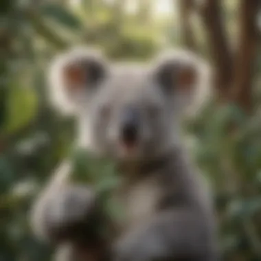 A koala bear feeding on leaves with a vibrant background