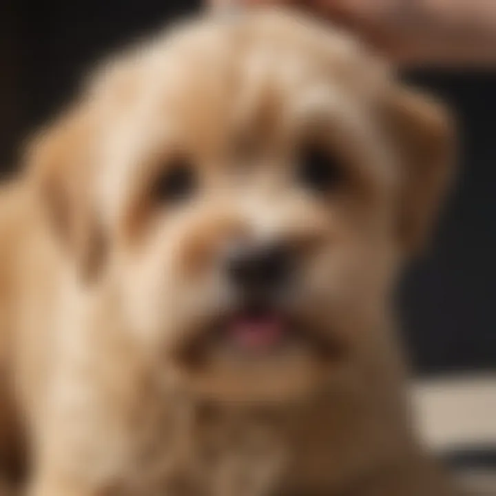 Wheaten Terrier puppy being groomed