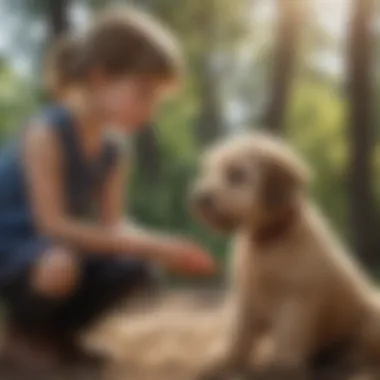 Wheaten Terrier Puppy Interacting with Children Wheaten Terrier puppy interacting with children