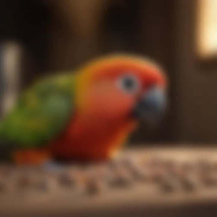 Close-up of conure enjoying bird pellets