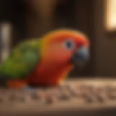 Conure Enjoying Its Meal Close-up of conure enjoying bird pellets