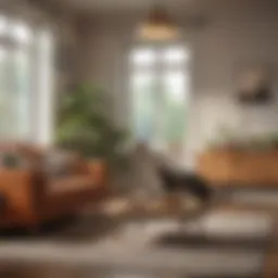 A cozy living room designed with cat-friendly furniture and decor.