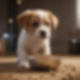 A playful puppy exploring a bowl of kibble