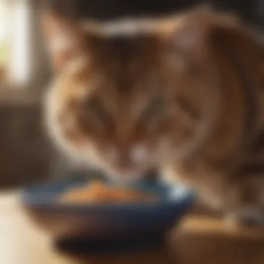 A playful cat enjoying its meal from a bowl