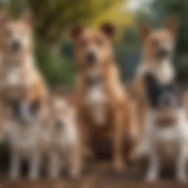 A diverse group of dogs showcasing various breeds in a park setting.