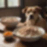 A bowl of plain rice and boiled chicken for a dog