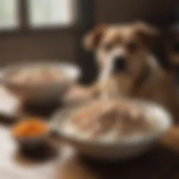 A bowl of plain rice and boiled chicken for a dog