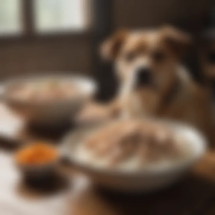 A bowl of plain rice and boiled chicken for a dog