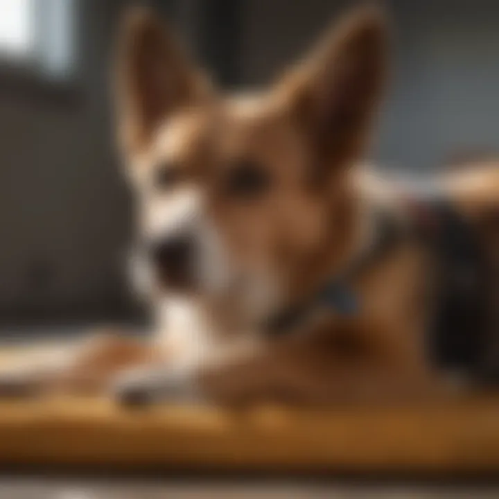 A cozy dog resting after treatment for scooting