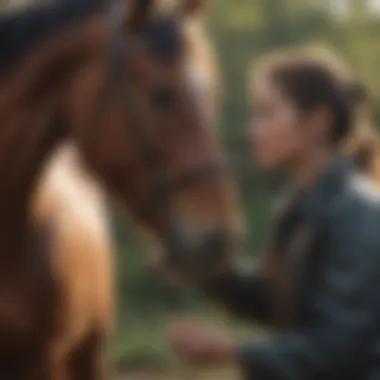 Horse owner administering wormer to a horse