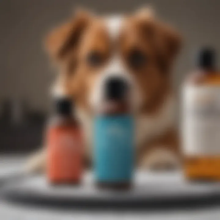 A selection of topical treatments arranged on a table for treating canine dandruff.