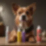 A collection of various dry shampoos for dogs arranged artistically