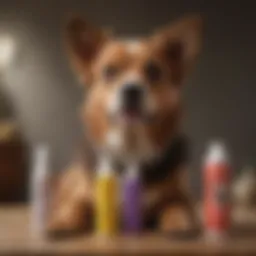 A collection of various dry shampoos for dogs arranged artistically