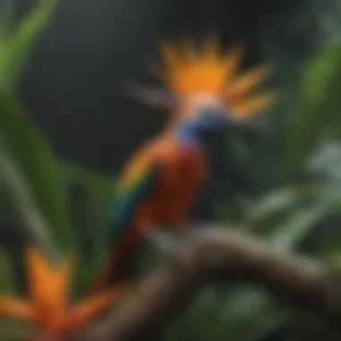 Graceful Perch Amidst Nature Bird of paradise perched gracefully on a branch, surrounded by exotic flora.