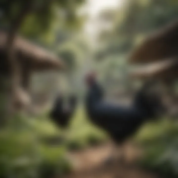 A serene Ayam Cemani farm setting, showcasing the breeding environment with lush greenery