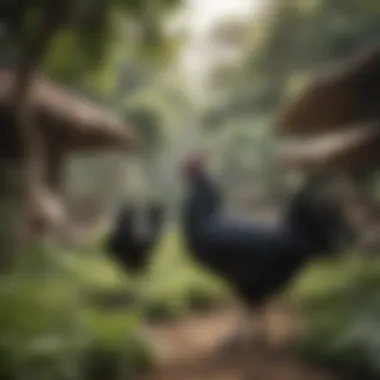 Serene Ayam Cemani Farm Setting A serene Ayam Cemani farm setting, showcasing the breeding environment with lush greenery