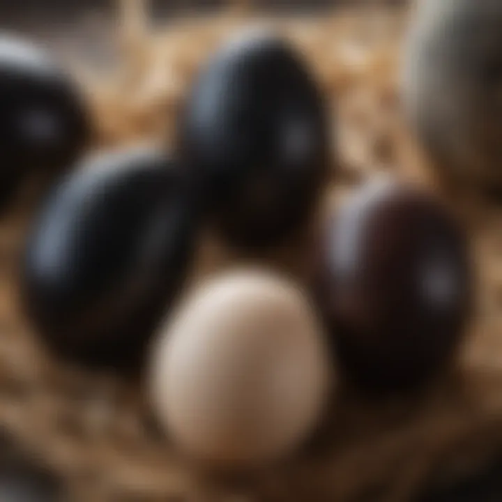 A close-up view of Ayam Cemani eggs, highlighting their unique coloration and texture
