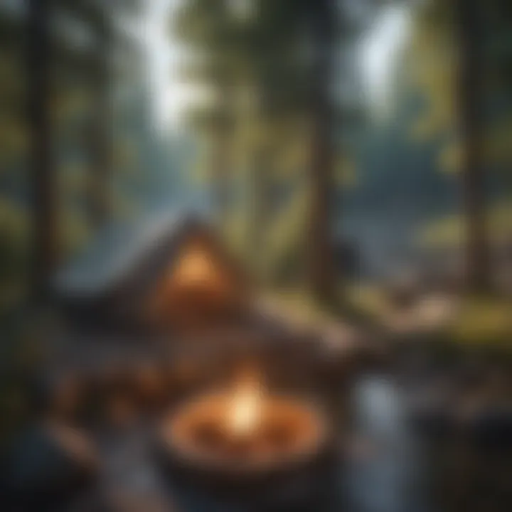 A cozy campsite setup near a scenic river, surrounded by trees