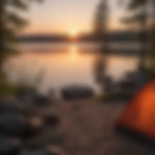 A tranquil sunset over a Michigan lake with a campsite in the foreground