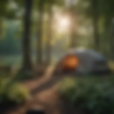 Campsite Serenity in Pennsylvania State Park A serene view of a Pennsylvania state park campsite surrounded by lush trees.