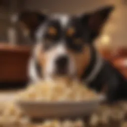 A dog curiously gazing at a bowl of popcorn