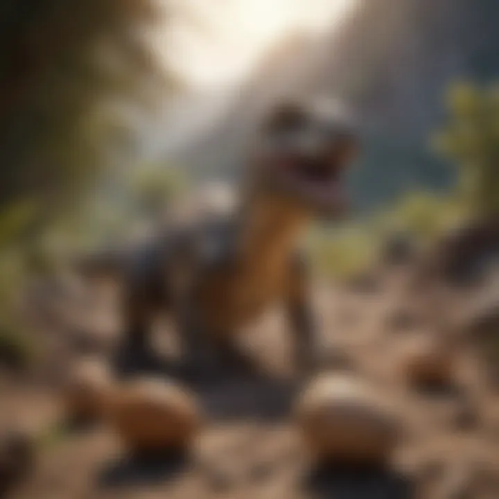 An artistic representation of dinosaurs hatching from eggs in a prehistoric landscape.