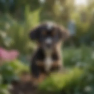 A small male puppy exploring a lush garden, embodying curiosity and adventure.