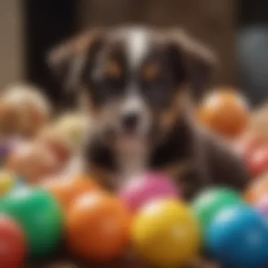 A playful small male puppy surrounded by colorful toys, showcasing his vibrant personality.