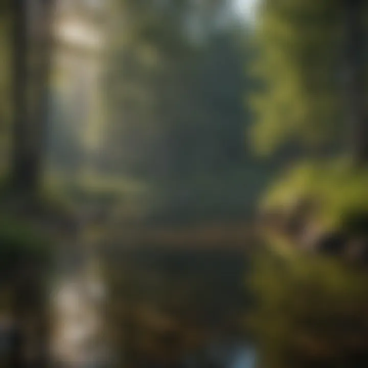 A serene lake surrounded by lush forest, perfect for a hiking break.