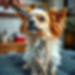 A serene pet enjoying a deshedding treatment at home