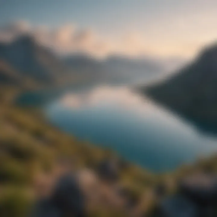 A panoramic view of Flat Head Lake showcasing its vibrant blue waters and surrounding mountains.