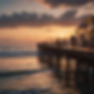 A vibrant coastal scene with anglers fishing from a pier against a sunset backdrop.