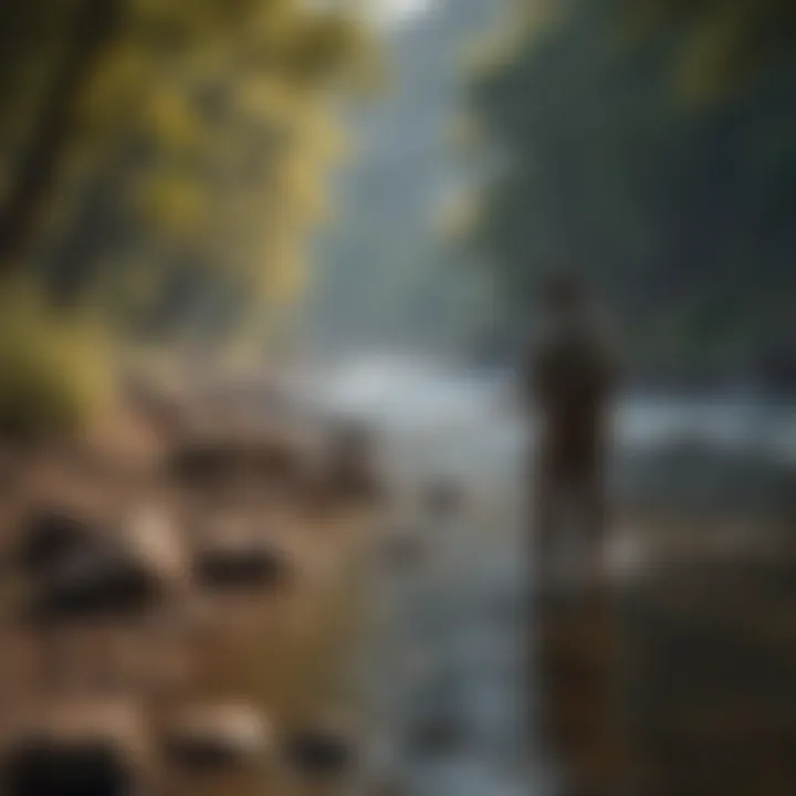 A rocky riverbank with a fisherman casting a line into the flowing water.